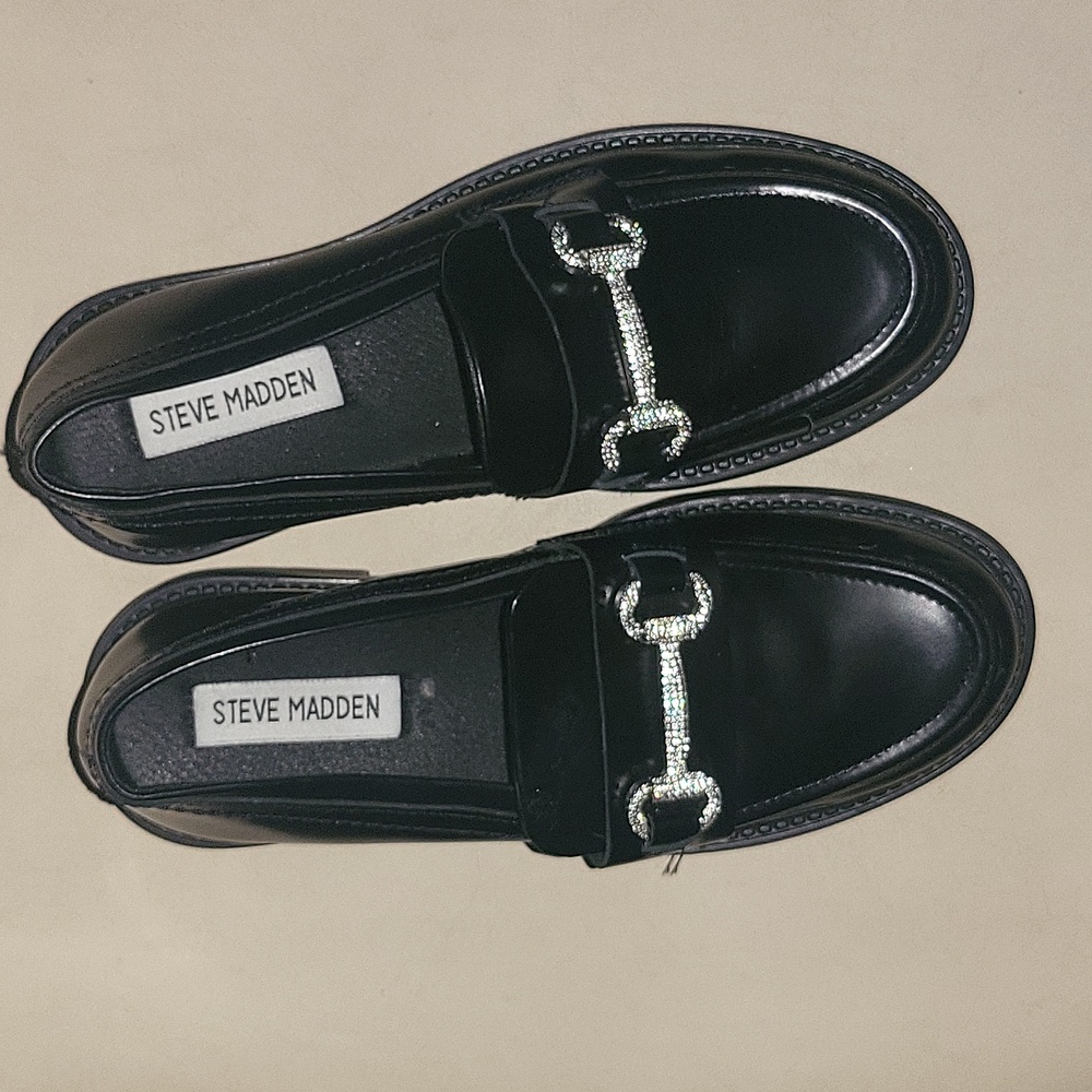 Steve Madden black leather loafers size 3 with rhinestone buckle